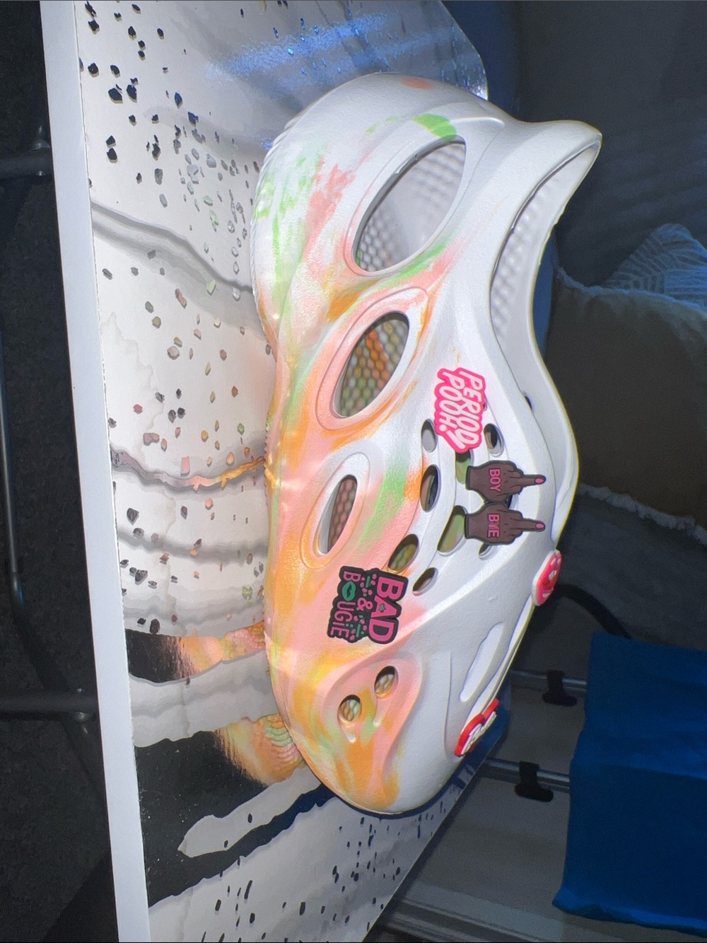 White & Multicolor Foam Clog Mules with Badges